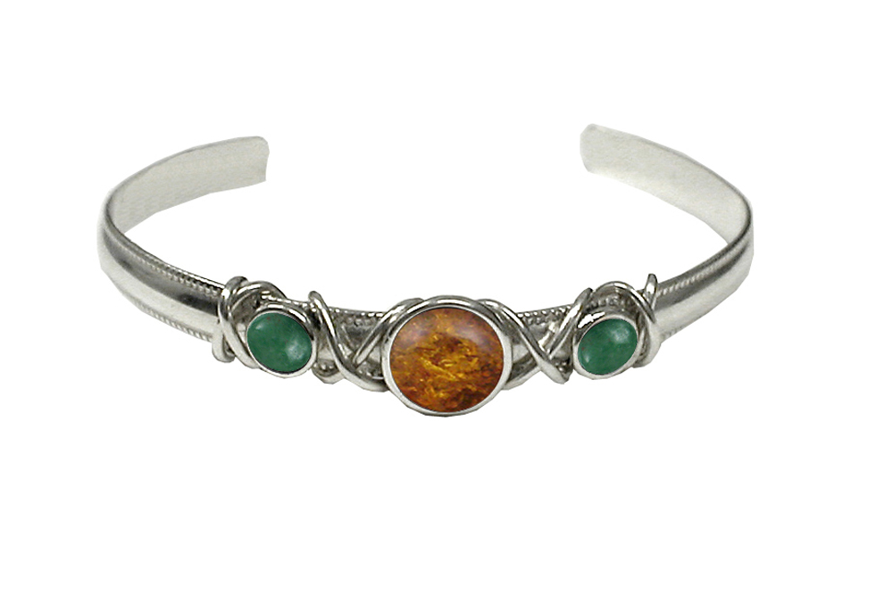 Sterling Silver Hand Made Cuff Bracelet With Amber And Jade